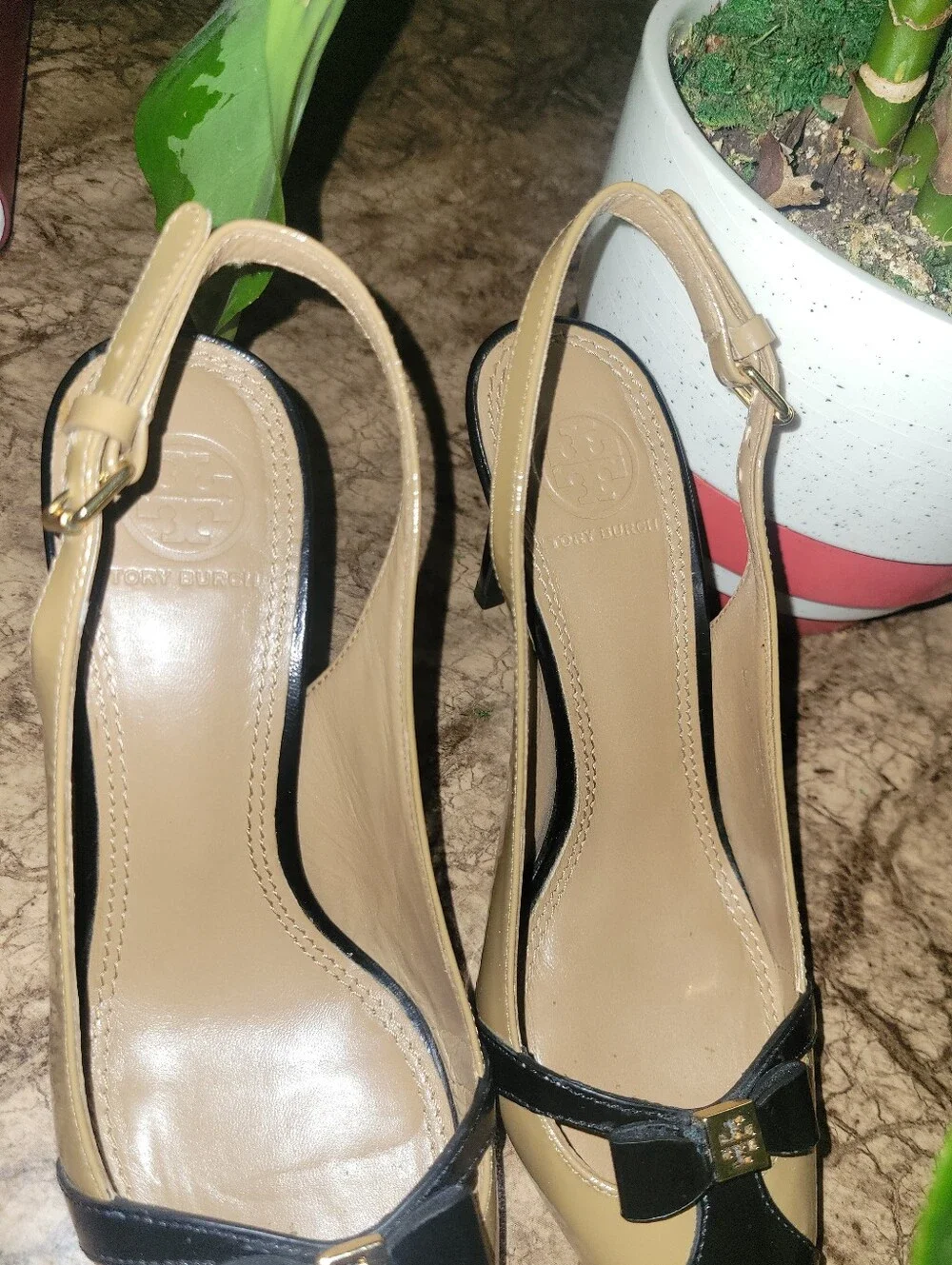 Tory Burch Leather Sling Back Pumps Black Camel 6